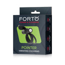 Forto Pointer Silicone Vibrating Dual Cockring Black packaging on display with product details and visuals.