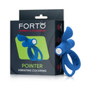 Forto Pointer Silicone Vibrating Dual Cockring Blue packaging displaying the dual cockring design for enhanced intimacy.