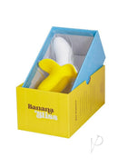 Banana Bliss Mini Silicone Banana Vibrator Yellow packaged in its colorful box, showcasing its playful design.