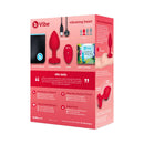 b-Vibe Vibrating Heart Anal Plug Medium Large Red packaging, including plug, remote, and guide to anal play.