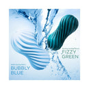 Tenga Flex Bubbly Blue Stroker and Fizzy Green masturbators in water with swirling ripples.