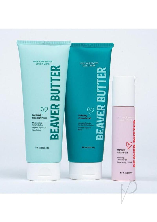 Beaver Butter Soothing Feminine Shave Kit featuring soothing shaving cream, finishing cream, and shave oil.