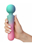 M'Lady Silicone Rechargeable Pleasure Wand Gradient in hand with a soft gradient finish and power button.