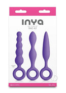INYA Trio 3 Piece Silicone Anal Plug Kit Purple packaging featuring three slim silicone plugs in various shapes.