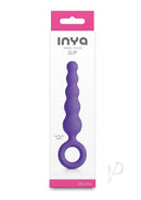 INYA Slip Silicone Anal Plug Purple in packaging showing tapered design and finger ring for easy handling.