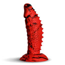 Creature Cocks Gojira Silicone Dildo displayed against a white background, featuring bold red color and dramatic textures.