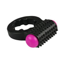Rock Candy Sugar Buzz Vibrating Cock Ring Black with textured attachment and pink accents.