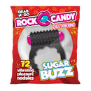 Rock Candy Sugar Buzz Vibrating Cock Ring Black packaging featuring 72 vibrating pleasure nodules for enhanced stimulation.