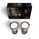 Neo Sensual Celebrate Duo Massage Candles 1 Oz elegantly packaged with two soothing candles in decorative glasses.