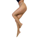 Kixies Tan Rhinestone Mardi Gras Fishnet Tights Size A shown on model, decorated with colorful rhinestones for festive style.