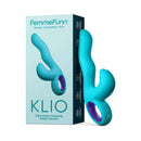 FemmeFunn Klio Triple Action Thumping Rabbit Vibrator Turquoise packaging and product display.