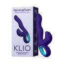 FemmeFunn Klio Triple Action Thumping Rabbit Vibrator Dark Purple with packaging, showcasing innovative design for customizable pleasure.
