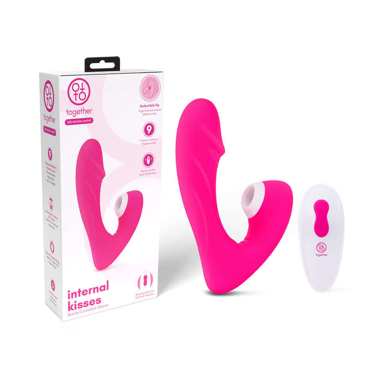 Together Internal Kiss Remote Control Vibe Pink with packaging and remote control for dual stimulation.