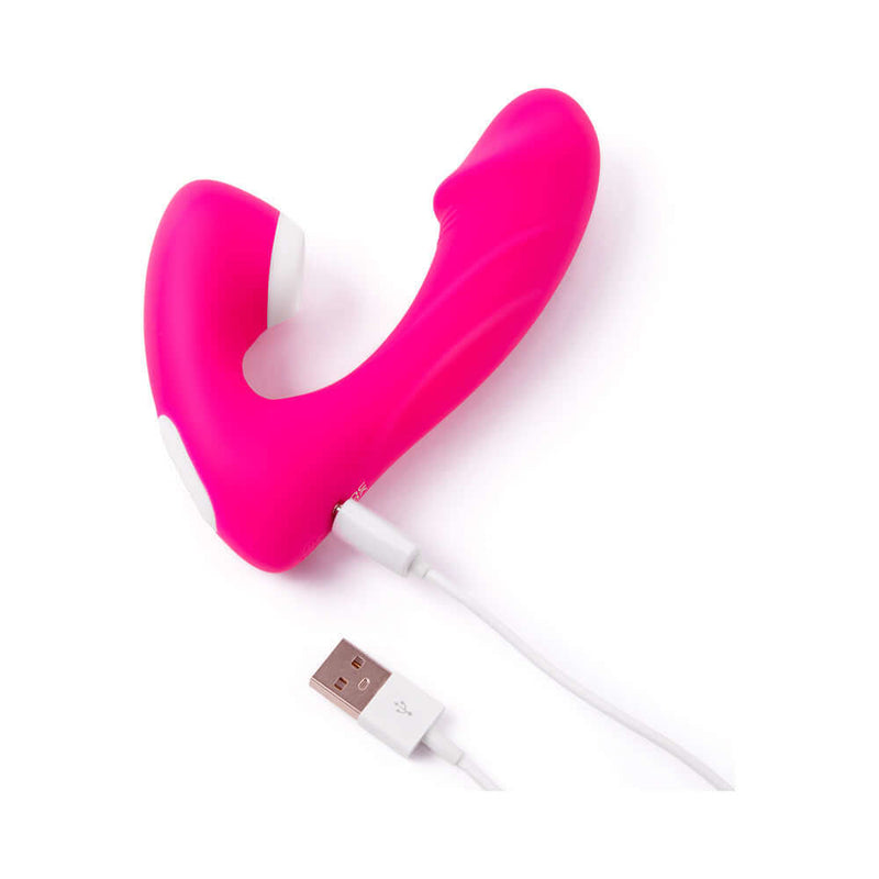 Together Internal Kiss Remote Control Vibe Pink, luxurious dual-stimulation vibrator, charging cable visible
