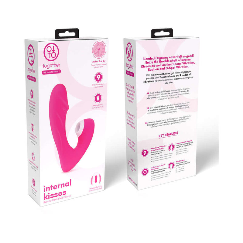 Together Internal Kiss Remote Control Vibe Pink product packaging with features highlighted for enhanced pleasure.