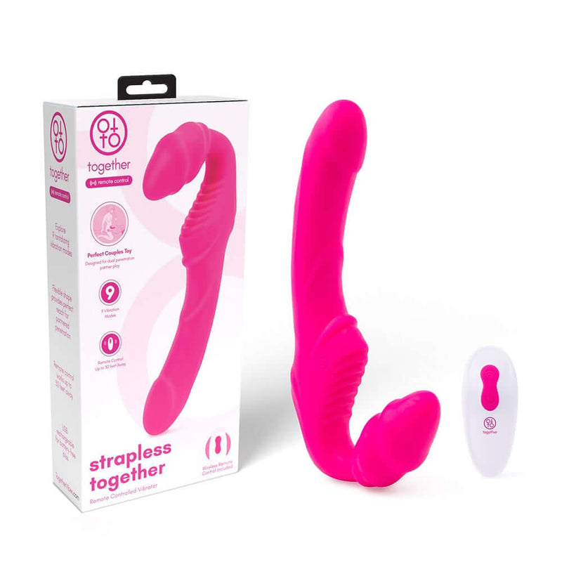 Together Strapless Remote Control Vibrator Pink next to its packaging and remote control.