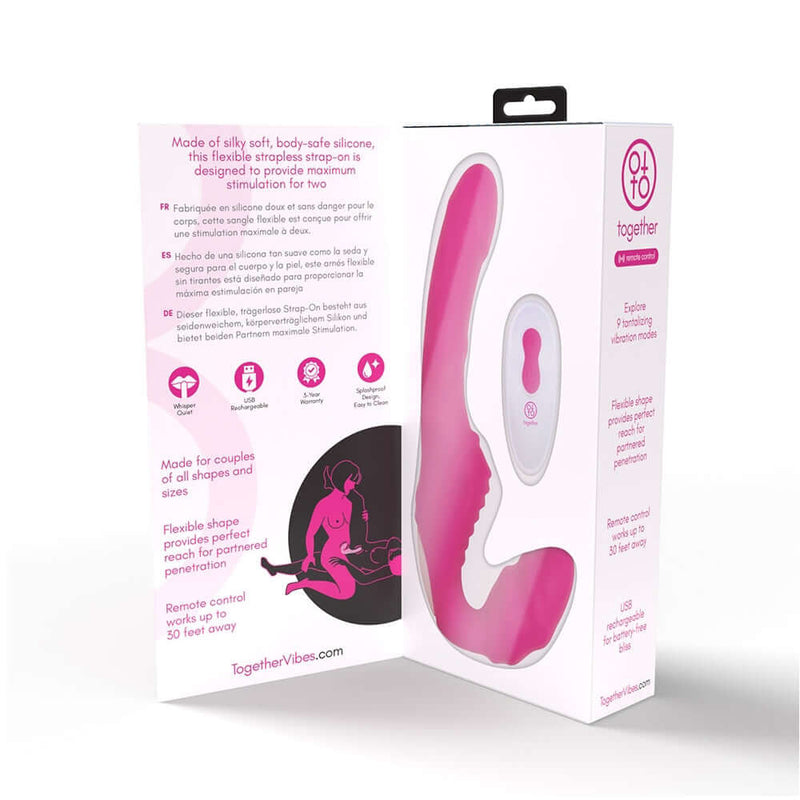 Together Strapless Remote Control Vibrator Pink product packaging showcasing design and remote control features.