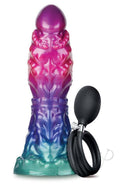 Alien Nation Expandor Inflatable Silicone Dildo Red Purple next to inflation bulb in vibrant colors.