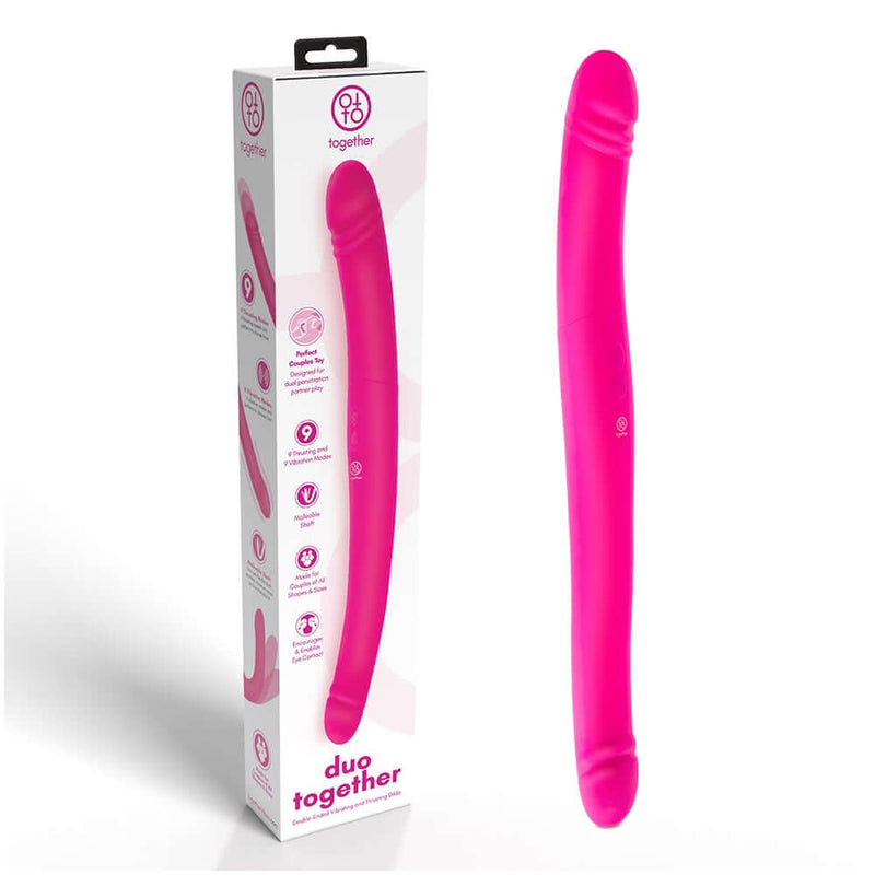 Together Duo Pink Vibrating Dildo displayed, showcasing its sleek design and packaging.