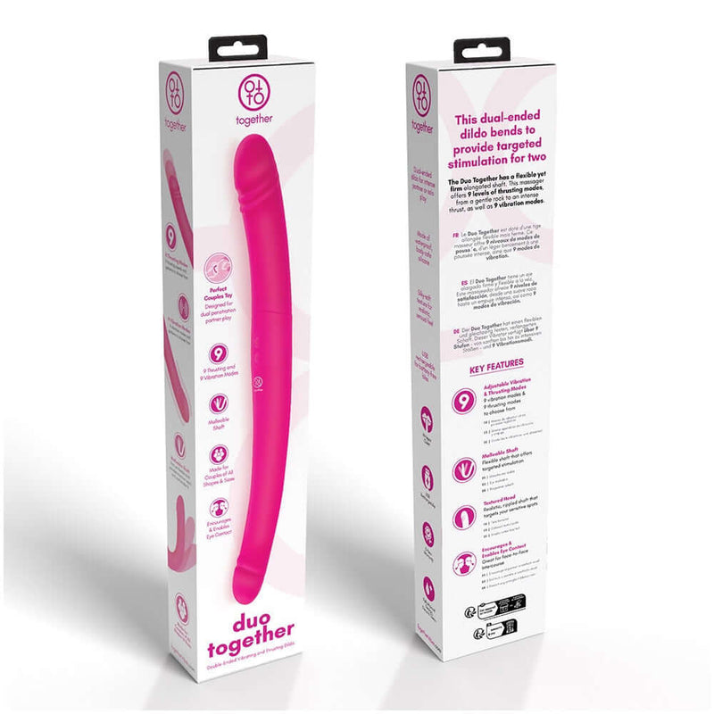 Together Duo Pink Vibrating Dildo packaging showcasing its dual-end and features for couples.