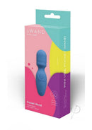 Le Wand Mini Vibe Rechargeable Pocket Wand Blue packaging showcasing sleek design and vibrant colors.