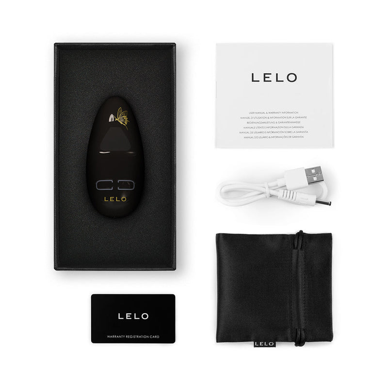 Lelo NEA 3 Rechargeable Mini Silicone Vibrator Black in packaging with accessories