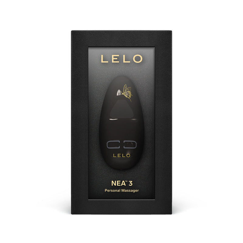 Lelo NEA 3 Rechargeable Mini Silicone Vibrator Black in sleek packaging with floral design and controls.