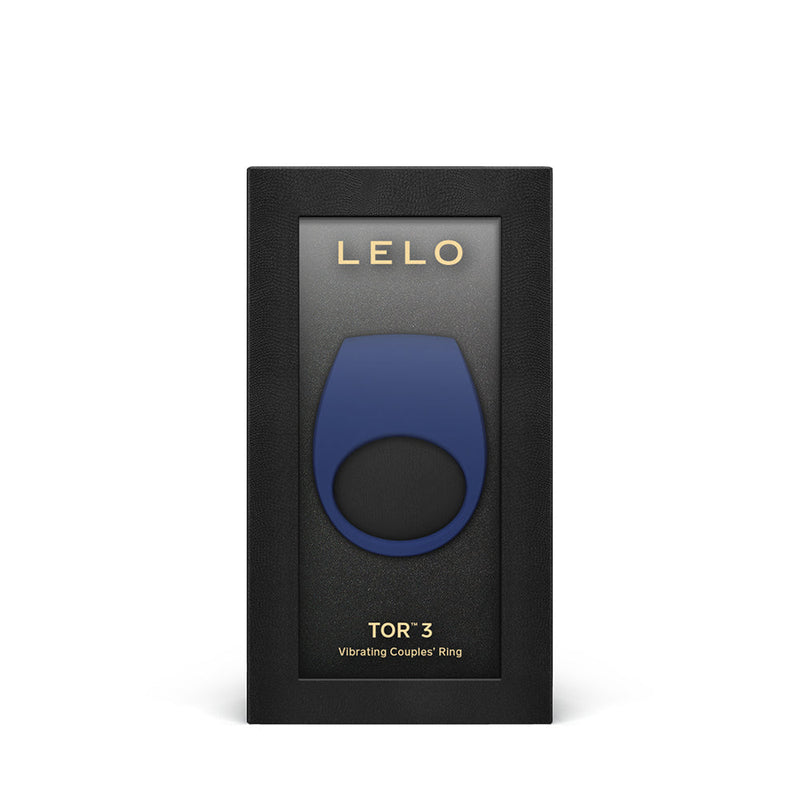 LELO TOR 3 Vibrating Cockring Base Blue packaging with sleek design for enhanced intimacy and pleasure.