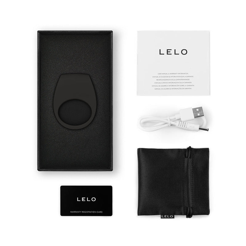 LELO TOR 3 Vibrating Cockring Black packaging contents including cockring, USB cable, and registration card.