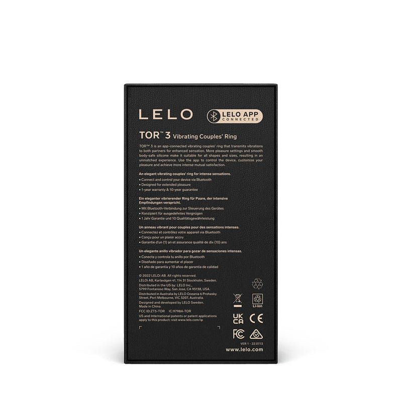 LELO TOR 3 Vibrating Cockring Black packaging instructions and features.