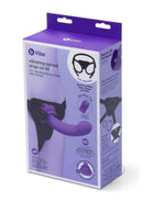 B-Vibe Vibrating Curved Silicone Strap-On Kit Black Purple packaging with features highlighted
