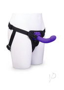 B-Vibe Vibrating Curved Silicone Strap-On Kit Black Purple on display, showcasing ergonomic harness and silicone dildo.