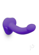 B-Vibe Vibrating Curved Silicone Strap-On Kit Black Purple, featuring a purple silicone dildo.