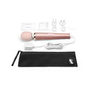 Le Wand Plug In Vibrating Massager Wand Rose Gold showing the device and accessories on a white background.