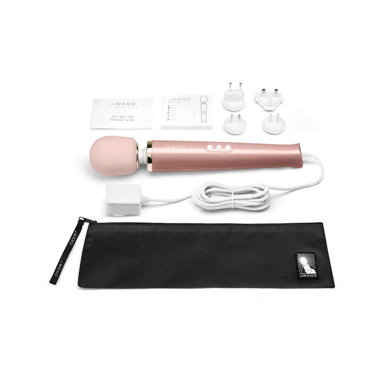 Le Wand Plug In Vibrating Massager Wand Rose Gold showing the device and accessories on a white background.