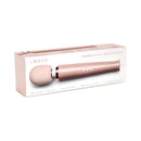 Le Wand Plug In Vibrating Massager Wand Rose Gold packaging with a powerful design and features highlighted.