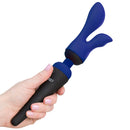 PalmPower PalmSensual 2-Piece Silicone Massager Heads Blue held in hand, showcasing flexibility and design features.