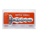 Tantus Ripple Small 8 Inch Anal Beads Dildo Firm Silver in packaging showcasing smooth texture and graduated design.