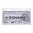 Tantus Ripple Small 8 Inch Anal Beads Dildo Firm Silver in packaging with product information and features.