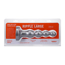 Tantus Ripple Large 8 Inch Anal Beads Dildo Silver in packaging showcasing its smooth silicone design and graduated bead features.