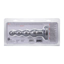 Tantus Ripple Large 8 Inch Anal Beads Dildo Silver displayed in packaging with information and care instructions.