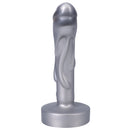 Tantus Mini Magma 5 Inch Firm Fantasy Dildo Silver showcases a sculpted, molten design and textured rippling surface.