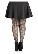 Leg Avenue Bow Net Tights 1X 2X Black displayed with a black skirt, showcasing the intricate net and bow pattern.