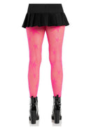 Leg Avenue Star Net Tights OS Neon Pink worn with a black skirt, featuring a vibrant star pattern and bold neon pink color.