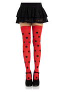 Leg Avenue Polka Dot Opaque Thigh Highs OS Red Black worn with a black skirt, showcasing a bold polka dot design.