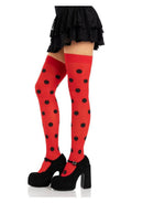 Leg Avenue Polka Dot Opaque Thigh Highs OS Red Black displayed with black polka dots and a flirty skirt.