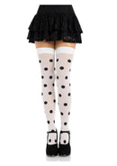 Leg Avenue Polka Dot Opaque Thigh Highs OS White Black worn with a ruffled black skirt and high heels, showcasing playful style.