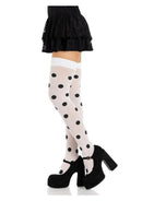 Leg Avenue Polka Dot Opaque Thigh Highs OS White Black worn with a stylish black skirt and shoes, showcasing playful pattern.