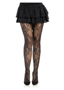 Leg Avenue Fleurine Eyelet Lace Tights OS Black paired with a layered black skirt, showcasing elegant floral lace detailing.