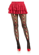 Leg Avenue Sweetheart Striped Net Tights OS Black Red styled with a ruffled red skirt and red heels.